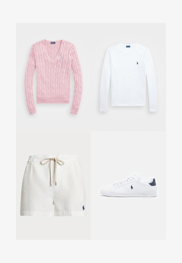 Pull en tricot cablé rose clair avec un col en V, des poignets et un ourlet côtelés. Présente un petit logo bleu sur la poitrine gauche.; Chemise blanche à manches longues, en coton, avec un col rond, ornée d'un petit logo marine sur la poitrine gauche. Design simple, coupe standard.; Shorts en lin blancs avec une taille élastique, cordon beige et petit logo marine sur le côté gauche. Caractéristiques : coupe décontractée et poches latérales.; Baskets blanches en cuir avec une finition lisse, accents navy et un petit logo sur le côté. Elles disposent de lacets plats et d'une semelle en caoutchouc texturée.