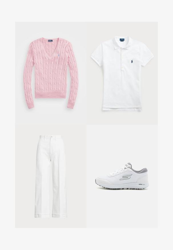 Pull en tricot cablé rose clair avec un col en V, des poignets et un ourlet côtelés. Présente un petit logo bleu sur la poitrine gauche.; Polo en coton blanc avec un col classique, des manches courtes et un logo brodé bleu marine sur la poitrine gauche. Patte de boutonnage à cinq boutons.; Pantalons larges blancs à taille haute, avec une fermeture à bouton et des détails de couture subtils. Fabriqués en coton avec une texture lisse.; Baskets de sport blanches avec une tige en maille texturée, des accents argentés et une semelle légère dotée de petits crampons, étiquetées "ULTRA FLIGHT."