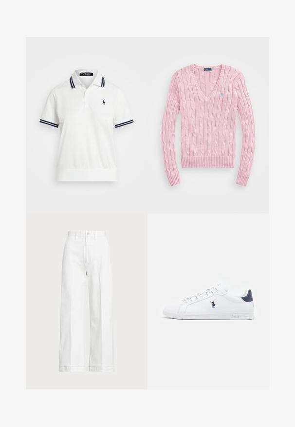 Šviesiai rožinė pintinė megztinis su V formos iškirpte, su gaktelėmis ir apykakle. Ant kairės krūtinės yra mažas mėlynas logotipas.; Balta polo marškinėliai su tamsiai mėlynomis juostelėmis ant apykaklės ir rankovių; ant kairiojo krūtinės pusės yra mažas tamsiai mėlynas logotipas. Lygi tekstūra ir trumpomis rankovėmis.; Balti platūs kelnės su aukštu juosmeniu, su mygtuko uždarymu ir subtiliu siuvimo akcentu. Pagamintos iš medvilnės su glotnia tekstūra.; Baltos odinės sportbačiai su lygiu paviršiumi, tamsiai mėlyni akcentai ir mažas logotipas šone. Yra plokščios raišteliai ir tekstūruotas gumos padas.