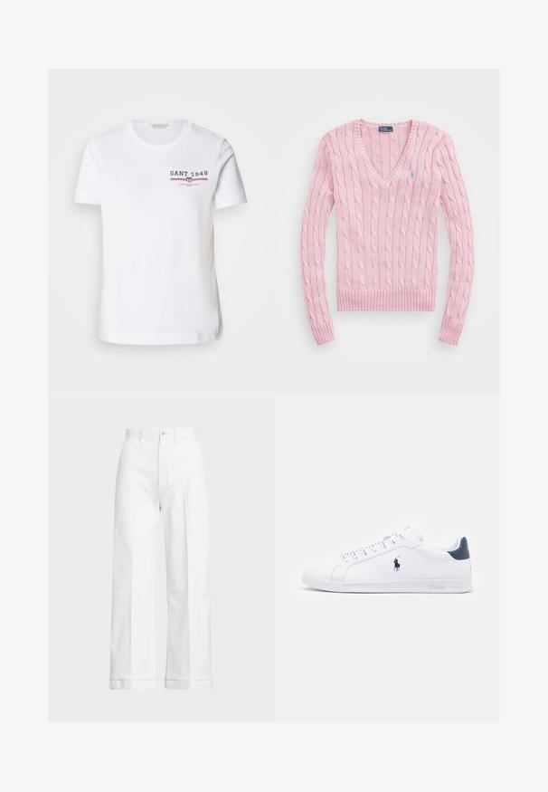 Ljust rosa kabelstickad tröja med V-ringning, ribbade ärmslut och fåll. Har en liten blå logotyp på vänster bröst.; Vit bomull t-shirt med rund hals, korta ärmar och en framlogo som visar "GANT 1949" i marinblått och rött, med horisontella ränder.; Vita vida byxor med hög midja, med knappstängning och subtila sömmar. Tillverkade av bomull med en slät textur.; Vita lädersneakers med en slät yta, marinblå detaljer och en liten logotyp på sidan. Har platta snören och mönstrad gummisula.