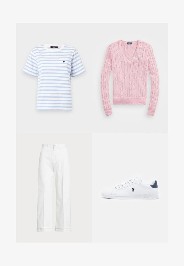 Suéter de punto trenzado rosa claro con escote en V, puños y dobladillo acanalados. Presenta un pequeño logo azul en el lado izquierdo del pecho.; WEEKEND MaxMara SATRAPO - Camiseta estampada - azzurro; Pantalones de pierna ancha blancos con cintura alta, que cuentan con un cierre de botón y detalles de costura sutiles. Elaborados en algodón con una textura suave.; Zapatillas de cuero blanco con un acabado suave, detalles en azul marino y un pequeño logotipo en el costado. Cuentan con cordones planos y una suela de goma texturizada.