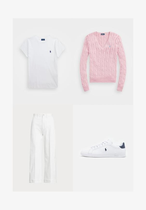 Šviesiai rožinė pintinė megztinis su V formos iškirpte, su gaktelėmis ir apykakle. Ant kairės krūtinės yra mažas mėlynas logotipas.; Balti medvilnės marškinėliai trumpomis rankovėmis, su mažo tamsiai mėlyno logotipo kairėje krūtinės pusėje. Paprastas dizainas, su apvaliu kaklu.; Balti platūs kelnės su aukštu juosmeniu, su mygtuko uždarymu ir subtiliu siuvimo akcentu. Pagamintos iš medvilnės su glotnia tekstūra.; Baltos odinės sportbačiai su lygiu paviršiumi, tamsiai mėlyni akcentai ir mažas logotipas šone. Yra plokščios raišteliai ir tekstūruotas gumos padas.