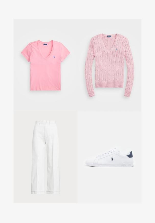 Ljust rosa kabelstickad tröja med V-ringning, ribbade ärmslut och fåll. Har en liten blå logotyp på vänster bröst.; Ljusrosa V-ringad T-shirt i bomull, med korta ärmar och en liten blå broderad logotyp på vänster bröst.; Vita vida byxor med hög midja, med knappstängning och subtila sömmar. Tillverkade av bomull med en slät textur.; Vita lädersneakers med en slät yta, marinblå detaljer och en liten logotyp på sidan. Har platta snören och mönstrad gummisula.