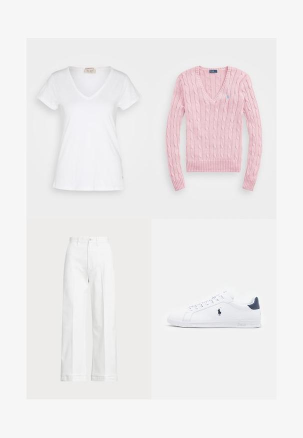 Svetle růžový svetr s kabelovým pletením a V-výstřihem, s žebrovanými manžetami a spodním lemem. Na levém prsu má malou modrou logovou nášivku.; Bílý krátký rukáv V-neřez t-shirt vyrobený z lehkého materiálu, se subtilní texturou a malým logem na spodním lemu.; Bílé kalhoty s širokými nohavicemi a vysokým pasem, s knoflíkovým zapínáním a jemnými detaily prošívání. Vyrobené z bavlny s hladkou texturou.; Bílé kožené tenisky s hladkým povrchem, námořnickými akcenty a malým logem na boku. Mají ploché tkaničky a texturovanou gumovou podrážku.