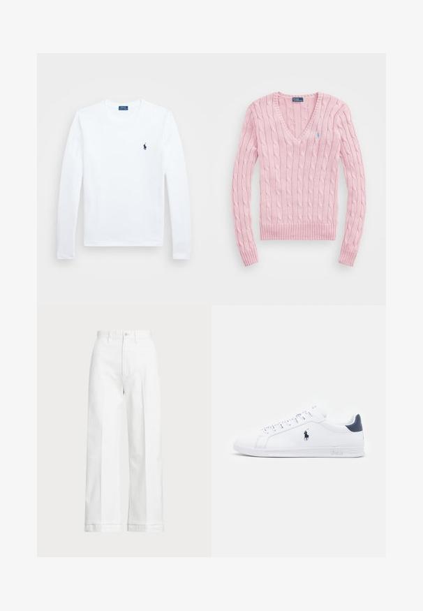 Jasnoróżowy sweter w splot warkoczowy z dekoltem w kształcie litery V, prążkowanymi mankietami i dołem. Posiada małe niebieskie logo na lewej piersi.; Biała koszula z długim rękawem, wykonana z bawełny, okrągły dekolt, z małym granatowym logo na lewej piersi. Prosty wzór, standardowy krój.; Białe, szerokie spodnie z wysokim stanem, z zapięciem na guzik i subtelnymi detalami wyszycia. Wykonane z bawełny o gładkiej fakturze.; Białe skórzane sneakersy o gładkim wykończeniu, granatowe akcenty i małe logo po boku. Posiadają płaskie sznurowadła i teksturowaną gumową podeszwę.