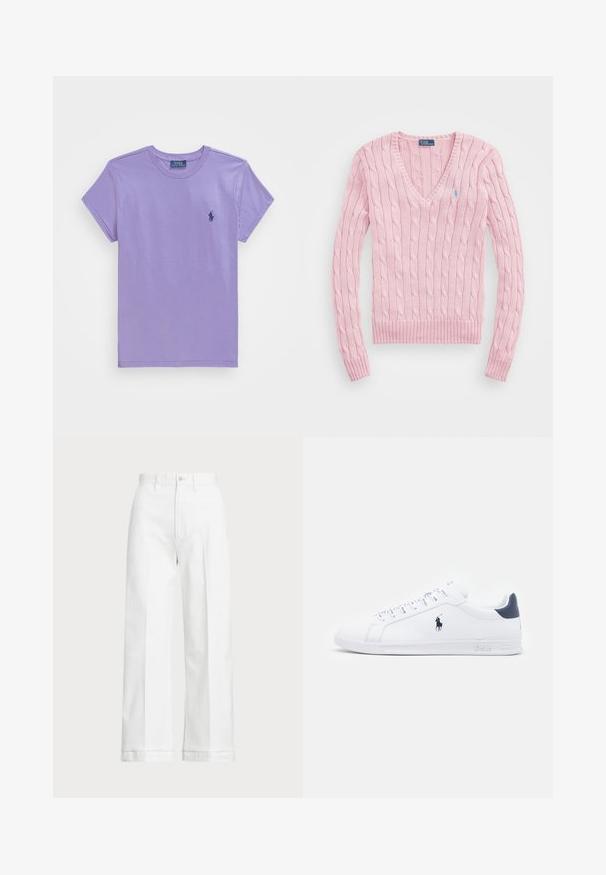 Šviesiai rožinė pintinė megztinis su V formos iškirpte, su gaktelėmis ir apykakle. Ant kairės krūtinės yra mažas mėlynas logotipas.; Trumpas rankovėmis, apvaliu kaklu marškinėliai, pagaminti iš minkštos levandų spalvos medvilnės. Ant krūtinės yra mažas tamsiai mėlynas logotipas. Lygus paviršius su standartiniu pritaikymu.; Balti platūs kelnės su aukštu juosmeniu, su mygtuko uždarymu ir subtiliu siuvimo akcentu. Pagamintos iš medvilnės su glotnia tekstūra.; Baltos odinės sportbačiai su lygiu paviršiumi, tamsiai mėlyni akcentai ir mažas logotipas šone. Yra plokščios raišteliai ir tekstūruotas gumos padas.