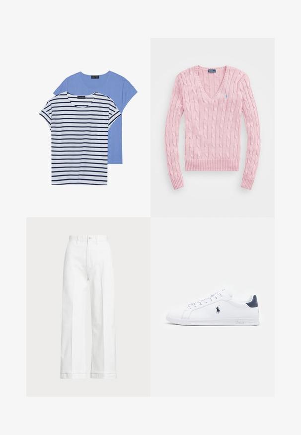 Lyserød kabelstrikket sweater med V-hals, ribbede manchetter og kant. Har et lille blåt logo på venstre bryst.; To t-shirts: en ensfarvet lyseblå og en hvid med marineblå vandrette striber. Begge har korte ærmer og en rund halsudskæring.; Hvide bredde bukser med høj talje, der har en knaplukning og subtile syninger. Fremstillet af bomuld med en glat tekstur.; Hvide lædersneakers med en glat finish, marineblå accenter og et lille logo på siden. Udstyret med flade snørebånd og struktureret gummisål.