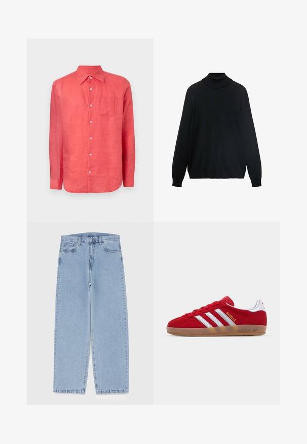 Schwarzer Rollkragenpullover mit engem Kragen, langen Ärmeln und gerippten Bündchen und Saum. Hergestellt aus weichem, dehnbarem Stoff mit glatter Textur.; GAP Hemd - watermelon ice; Schwarzes Tanktop aus geripptem Stoff, mit rundem Halsausschnitt und ohne Ärmel, geradem Saum und minimalistischem Design.; Hellblaue Jeans aus Denim mit geradem Bein, ausgestattet mit einer mittelhohen Taille, fünf Taschen sowie einem Knopf- und Reißverschluss.; Rote Wildleder-Sneaker mit weißem Dreistreifen-Design und goldenem "Gazelle"-Schriftzug. Besitzt eine Gummisohle und eine strukturierte Ferse.