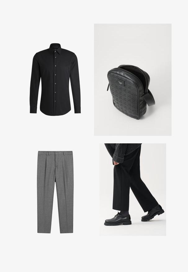 Zwarte coltrui met een strakke kraag, lange mouwen en geribde manchetten en zoom. Gemaakt van zacht, rekbaar materiaal met een gladde textuur.; Zwarte langemouwen shirt van gladde stof, met een klassieke kraag, een knoopsluiting aan de voorkant en een afgeronde zoom met zilverkleurige knopen.; Grijze op maat gemaakte broek met een gestructureerde stof, voorzien van een platte voorkant, geplooide benen, riemlussen en een standaard tailleband.; Zwarte leren schoenen met een afgeronde neus, vetersluiting en een dikke, getextureerde zool. Draagt een gepaste zwarte broek en een geribbelde trui.; Zwarte, gestructureerde leren tas met een geometrisch patroon, rechthoekige vorm, bovenrits en een kort handvat. Heeft een logo-opdruk aan de voorkant.; Timex polshorloge met een zilveren wijzerplaat, zwarte uurmarkeringen en stalen kast. Het heeft een geëtste zwarte leren band. Eenvoudig, elegant ontwerp.