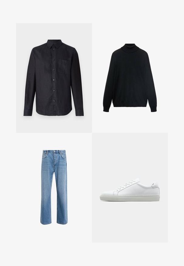 Musta poolpikk kaelusega sviiter, millel on istuv krae, pikad varrukad ning soonikkoes mansetid ja ääred. Valmistatud pehmest, venivast kangast, millel on sile tekstuur.; Mustapaita pitkillä hihoilla teksturoidusta kankaasta, jossa on napitettava etuosa, klassinen kauluspanta ja päällyspocket vasemmassa rintamuksessa.; Vaaleansiniset farkut suoranlahkeisella muotoilulla, viisi taskua, nappisuljenta, vähäinen kuluminen ja kontrastiväriset ompeluyksityiskohdat.; Valkoinen tennari, jossa on sileä nahkapäällinen ja matala profiili. Ominaisuuksiin kuuluu pyöreä kärki, kuusi rei'itystä ja teksturoitu kumipohja.