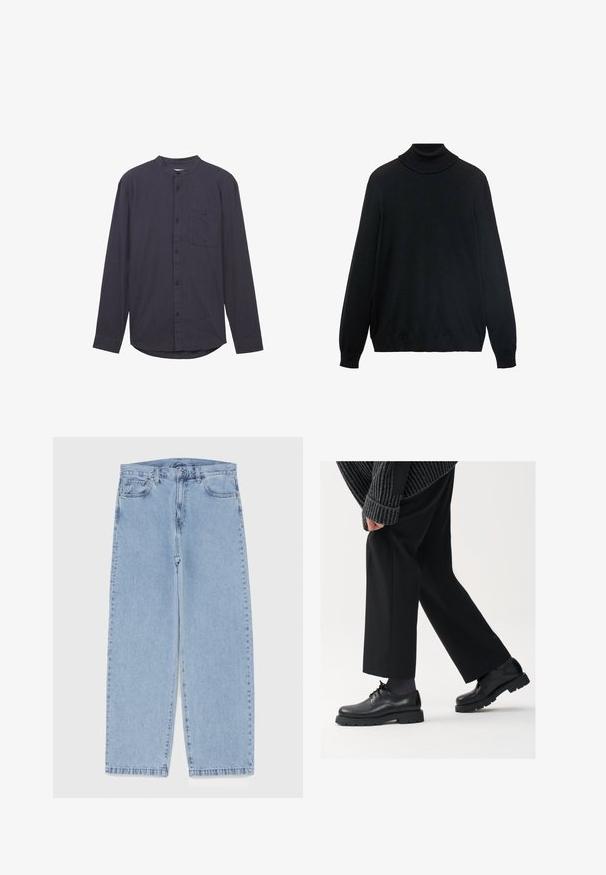 Schwarzer Rollkragenpullover mit engem Kragen, langen Ärmeln und gerippten Bündchen und Saum. Hergestellt aus weichem, dehnbarem Stoff mit glatter Textur.; Dunkelblaues Langarmhemd mit Stehkragen, vorderem Knopfverschluss, einer Brusttasche und einem strukturierten Stoff. Verfügt über einen abgerundeten Saum.; Hellblaue Jeans aus Denim mit geradem Bein, ausgestattet mit einer mittelhohen Taille, fünf Taschen sowie einem Knopf- und Reißverschluss.; Schwarze Lederschuhe mit einer runden Spitze, Schnürdesign und dicker, strukturierter Sohle. Getragen mit maßgeschneiderten schwarzen Hosen und einem gerippten Pullover.