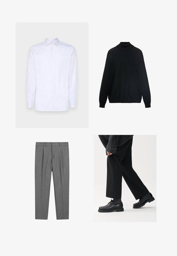 Czarny sweter z golfem, o dopasowanym kołnierzu, długich rękawach oraz ściągaczach przy mankietach i dolnym brzegu. Wykonany z miękkiej, elastycznej tkaniny o gładkiej fakturze.; Biała koszula z długim rękawem, zapinana na guziki, wykonana z gładkiej bawełny, z ostrym kołnierzykiem i sześcioma guzikami z przodu, z klasycznymi mankietami.; Szare dopasowane spodnie z teksturowanym splotem, z płaskim przodem, plisowanymi nogawkami, szlufkami na pasek i standardowym stanem.; Czarne skórzane buty z okrągłym noskiem, sznurowanym zapięciem i grubą, fakturowaną podeszwą. Noszone z dopasowanymi czarnymi spodniami i swetrem z prążkowanej tkaniny.