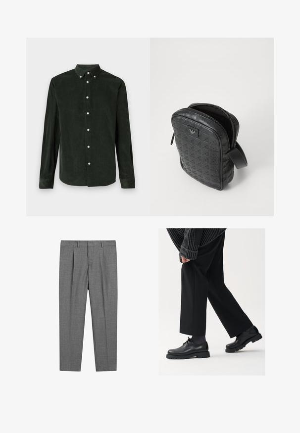 Maglione a collo alto nero con un colletto aderente, maniche lunghe e polsini e orlo a coste. Realizzato in tessuto morbido ed elastico con una texture liscia.; Camicia a maniche lunghe in corduroy verde scuro con colletto a bottoni su uno sfondo bianco.; Pantaloni grigi su misura con un tessuto strutturato, dotati di fronte piatto, gambe con pieghe, passanti per cintura e vita standard.; Scarpe in pelle nera con punta arrotondata, design con lacci e suola spessa e texture. Indossate con pantaloni neri su misura e un maglione a coste.; Borsa nera in pelle testurizzata con un motivo geometrico, forma rettangolare, cerniera superiore e manico corto. Presenta un'etichetta del logo sul davanti.; Orologio Timex con quadrante argentato, indici neri e cassa in acciaio. Presenta un cinturino in pelle nera texture. Design semplice ed elegante.