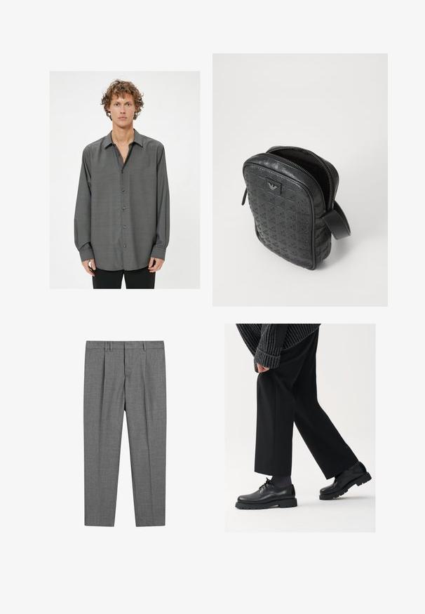 Zwarte coltrui met een strakke kraag, lange mouwen en geribde manchetten en zoom. Gemaakt van zacht, rekbaar materiaal met een gladde textuur.; Donkergrijze lange mouwen shirt met een knoopsluiting aan de voorkant, met een subtiel textuurpatroon en een klassieke kraag. De knopen zijn donkergrijs.; Grijze op maat gemaakte broek met een gestructureerde stof, voorzien van een platte voorkant, geplooide benen, riemlussen en een standaard tailleband.; Zwarte leren schoenen met een afgeronde neus, vetersluiting en een dikke, getextureerde zool. Draagt een gepaste zwarte broek en een geribbelde trui.; Zwarte, gestructureerde leren tas met een geometrisch patroon, rechthoekige vorm, bovenrits en een kort handvat. Heeft een logo-opdruk aan de voorkant.; Timex polshorloge met een zilveren wijzerplaat, zwarte uurmarkeringen en stalen kast. Het heeft een geëtste zwarte leren band. Eenvoudig, elegant ontwerp.