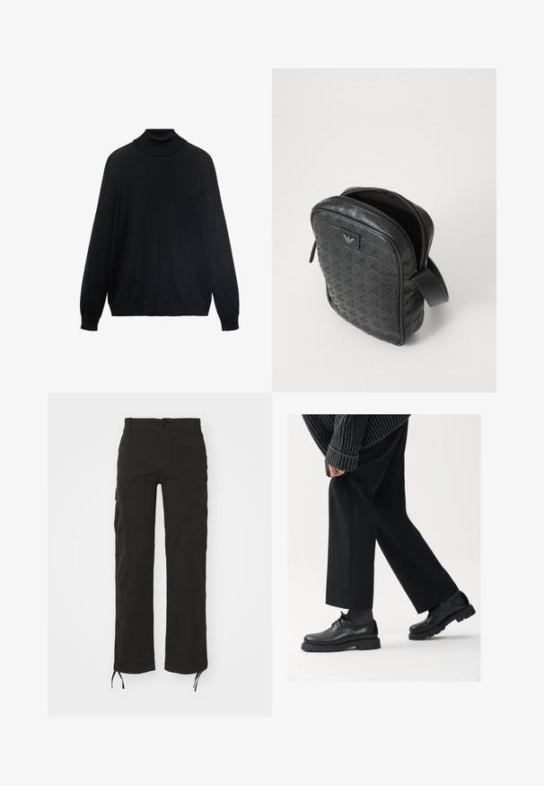 Zwarte coltrui met een strakke kraag, lange mouwen en geribde manchetten en zoom. Gemaakt van zacht, rekbaar materiaal met een gladde textuur.; Zwarte katoenen t-shirt met een klassieke ronde hals, korte mouwen en een comfortabele pasvorm. Gladde textuur, zonder patronen of versieringen.; Zwarte cargobroek met rechte pijpen, meerdere zijzakken en verstelbare toggles aan de onderkant. Gemaakt van duurzaam materiaal met een zachte textuur.; Zwarte leren schoenen met een afgeronde neus, vetersluiting en een dikke, getextureerde zool. Draagt een gepaste zwarte broek en een geribbelde trui.; Zwarte, gestructureerde leren tas met een geometrisch patroon, rechthoekige vorm, bovenrits en een kort handvat. Heeft een logo-opdruk aan de voorkant.; Timex polshorloge met een zilveren wijzerplaat, zwarte uurmarkeringen en stalen kast. Het heeft een geëtste zwarte leren band. Eenvoudig, elegant ontwerp.
