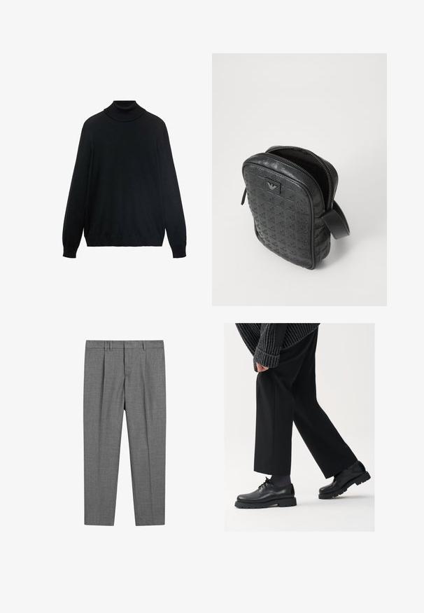 Sort turtleneck sweater med en tætsiddende krave, lange ærmer og ribbede manchetter og kant. Lavet af blødt, strækbart stof med en glat tekstur.; Sort bomulds T-shirt med klassisk rund hals, korte ærmer og afslappet pasform. Glat tekstur, ingen mønstre eller udsmykninger.; Grå skræddersyede bukser med en struktureret vævning, der har en flad front, pressede ben, bæltesløjfer og en standard talje.; Sorte lædersko med rund tå, snørebåndsdesign og tyk, tekstureret sål. Båret sammen med skræddersyede sorte bukser og en ribbet sweater.; Sort, tekstureret lædertaske med et geometrisk mønster, rektangulær form, toplynlås og et kort håndtag. Har et logo-patch på forsiden.; Timex armbåndsur med sølvfarvet skive, sorte timemarkører og stålur. Det har et struktureret sort læderarmbånd. Simpelt, elegant design.