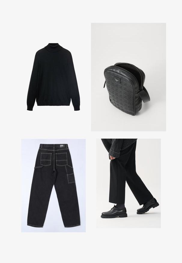 Czarny sweter z golfem, o dopasowanym kołnierzu, długich rękawach oraz ściągaczach przy mankietach i dolnym brzegu. Wykonany z miękkiej, elastycznej tkaniny o gładkiej fakturze.; Czarny bawełniany t-shirt z klasycznym okrągłym dekoltem, krótkimi rękawami i luźnym krojem. Gładka faktura, bez wzorów ani ozdób.; Czarne dżinsy o luźnym kroju, z wieloma kieszeniami, widocznymi przeszyciami oraz prostymi nogawkami.; Czarne skórzane buty z okrągłym noskiem, sznurowanym zapięciem i grubą, fakturowaną podeszwą. Noszone z dopasowanymi czarnymi spodniami i swetrem z prążkowanej tkaniny.; Czarna, teksturowana skórzana torba o geometrycznym wzorze, prostokątnym kształcie, z górnym zamkiem błyskawicznym i krótkim uchwytem. Posiada naszywkę z logo z przodu.; Zegarek na rękę Timex z srebrną tarczą, czarnymi znacznikami godzin i stalową kopertą. Posiada teksturowany czarny skórzany pasek. Prosty, elegancki design.