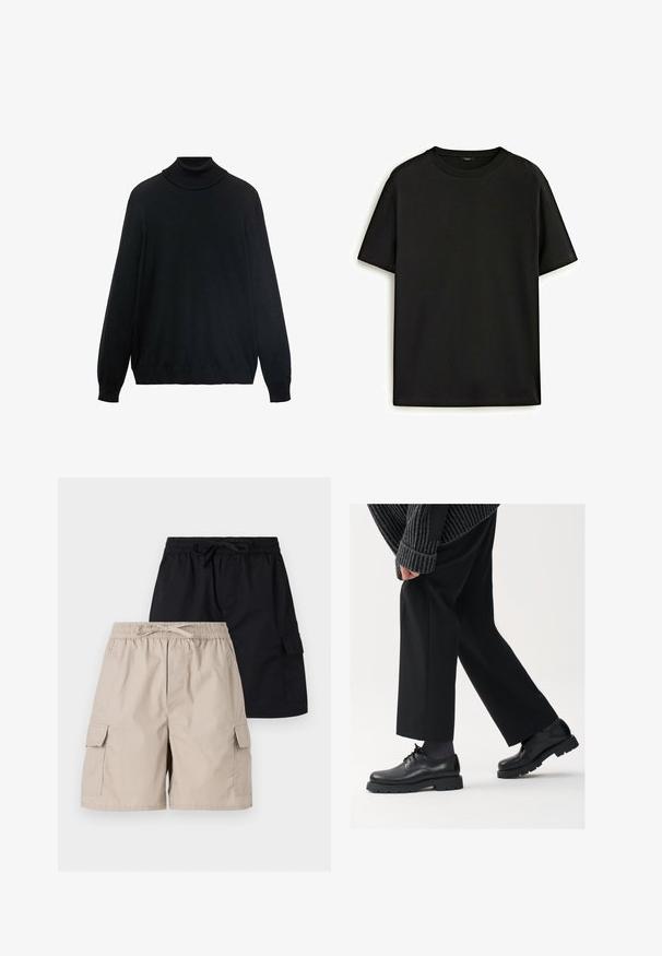 Black turtleneck sweater with a fitted collar, long sleeves, and ribbed cuffs and hem. Made from soft, stretchy fabric with a smooth texture.; Black cotton t-shirt with a classic crew neck, short sleeves, and relaxed fit. Smooth texture, no patterns or embellishments.; Two pairs of cargo shorts, one beige and one black, featuring elastic waistbands, drawstring ties, and side pockets.; Black leather shoes with a rounded toe, lace-up design, and thick, textured sole. Worn with tailored black trousers and a ribbed sweater.