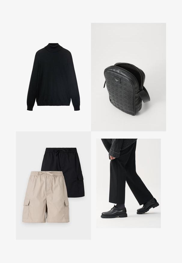 Pull à col roulé noir avec un col ajusté, des manches longues et des poignets et ourlet côtelés. Fabriqué en tissu doux et extensible avec une texture lisse.; T-shirt en coton noir avec un col rond classique, des manches courtes et une coupe décontractée. Texture lisse, sans motifs ni embellissements.; Deux paires de shorts cargo, l'une beige et l'autre noire, dotés de ceintures élastiques, de liens à cordon et de poches latérales.; Chaussures en cuir noir à bout arrondi, à lacets, avec une semelle épaisse et texturée. Portées avec un pantalon noir ajusté et un pull à côtes.; Sac en cuir noir texturé avec un motif géométrique, de forme rectangulaire, fermeture éclair supérieure et une courte poignée. Présente un patch logo à l'avant.