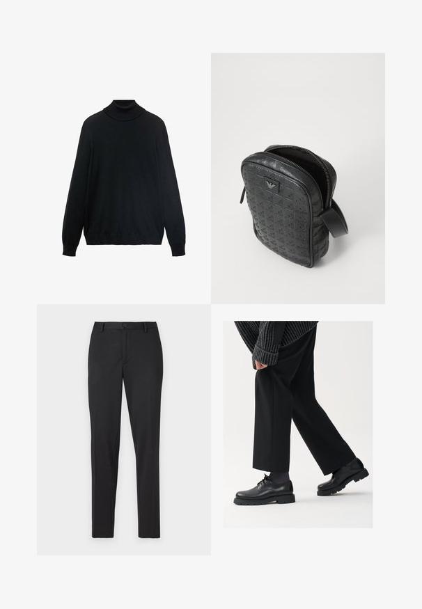 Zwarte coltrui met een strakke kraag, lange mouwen en geribde manchetten en zoom. Gemaakt van zacht, rekbaar materiaal met een gladde textuur.; Zwarte katoenen t-shirt met een klassieke ronde hals, korte mouwen en een comfortabele pasvorm. Gladde textuur, zonder patronen of versieringen.; Zwarte op maat gemaakte broek van een gladde stof, met een recht gesneden pijp, een enkele knoopsluiting en discreet aanwezige zakken.; Zwarte leren schoenen met een afgeronde neus, vetersluiting en een dikke, getextureerde zool. Draagt een gepaste zwarte broek en een geribbelde trui.; Zwarte, gestructureerde leren tas met een geometrisch patroon, rechthoekige vorm, bovenrits en een kort handvat. Heeft een logo-opdruk aan de voorkant.