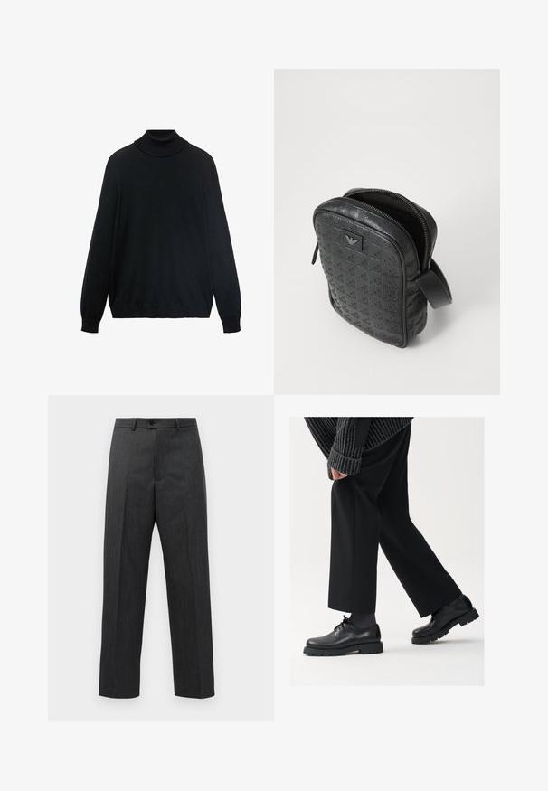 Black turtleneck sweater with a fitted collar, long sleeves, and ribbed cuffs and hem. Made from soft, stretchy fabric with a smooth texture.; Black cotton t-shirt with a classic crew neck, short sleeves, and relaxed fit. Smooth texture, no patterns or embellishments.; Dark gray formal trousers with front pleats, belt loops, and a button closure at the waist, displayed against a plain white background.; Black leather shoes with a rounded toe, lace-up design, and thick, textured sole. Worn with tailored black trousers and a ribbed sweater.; Black, textured leather bag with a geometric pattern, rectangular shape, top zipper, and a short handle. Features a logo patch on the front.; Timex wristwatch with a silver dial, black hour markers, and steel case. It features a textured black leather strap. Simple, elegant design.