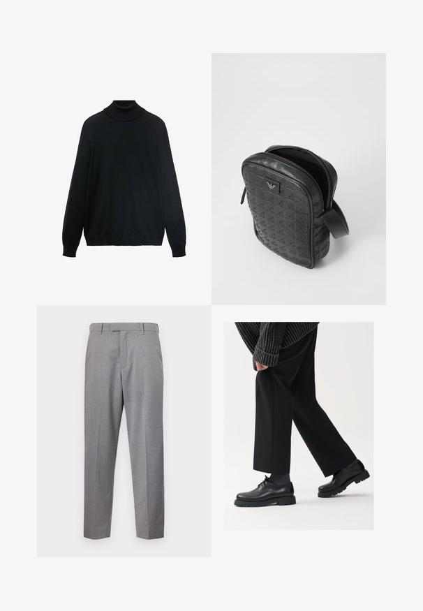 Pull à col roulé noir avec un col ajusté, des manches longues et des poignets et ourlet côtelés. Fabriqué en tissu doux et extensible avec une texture lisse.; T-shirt en coton noir avec un col rond classique, des manches courtes et une coupe décontractée. Texture lisse, sans motifs ni embellissements.; Pantalon gris en tissu texturé, doté d'une coupe droite, de plis avant et d'une taille standard avec passants de ceinture.; Chaussures en cuir noir à bout arrondi, à lacets, avec une semelle épaisse et texturée. Portées avec un pantalon noir ajusté et un pull à côtes.; Sac en cuir noir texturé avec un motif géométrique, de forme rectangulaire, fermeture éclair supérieure et une courte poignée. Présente un patch logo à l'avant.; Montre Timex avec un cadran argenté, des index noirs et un boîtier en acier. Elle est dotée d'un bracelet en cuir noir texturé. Design simple et élégant.