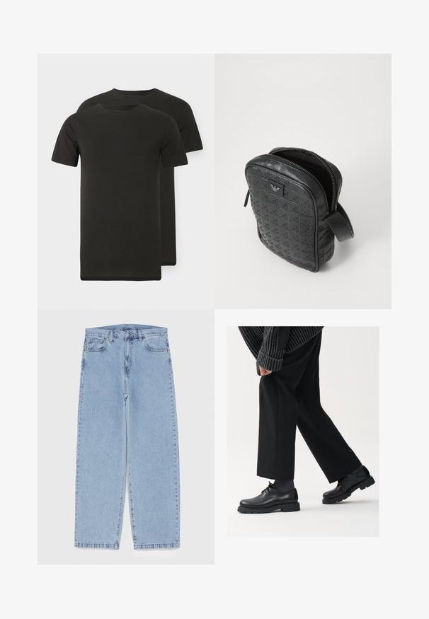 Black turtleneck sweater with a fitted collar, long sleeves, and ribbed cuffs and hem. Made from soft, stretchy fabric with a smooth texture.; Two black crew-neck t-shirts made of soft fabric. Short sleeves, straight hemline, and no visible patterns or graphics.; Light blue denim jeans with straight leg design, featuring a mid-rise waist, five pockets, and a button and zipper closure.; Black leather shoes with a rounded toe, lace-up design, and thick, textured sole. Worn with tailored black trousers and a ribbed sweater.; Black, textured leather bag with a geometric pattern, rectangular shape, top zipper, and a short handle. Features a logo patch on the front.; Timex wristwatch with a silver dial, black hour markers, and steel case. It features a textured black leather strap. Simple, elegant design.