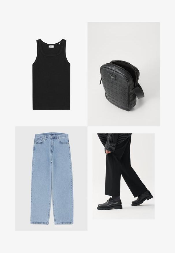 Svart polotröja med åtsittande krage, långa ärmar, samt ribbade mudd- och nederkanter. Tillverkad av mjukt, töjbart material med en slät yta.; Svart ärmlös tank top i mjukt tyg. Har rundad halsringning och rena kanter, med en enkel design och inga synliga logotyper.; Ljusblå denimjeans med rak bendesign, midjehög midja, fem fickor samt knapp- och dragkedjestängning.; Svarta läderskor med rund tå, snörningsdesign och tjock, strukturerad sula. Bärs med skräddarsydda svarta byxor och en ribbad tröja.; Svart, texturerad läderväska med ett geometriskt mönster, rektangulär form, dragkedja upptill och ett kort bärhandtag. Har en logotypapplikation på framsidan.; Timex-armbandsur med en silverfärgad urtavla, svarta timmarkörer och stålkapsel. Den har ett strukturerat armband i svart läder. Enkel, elegant design.