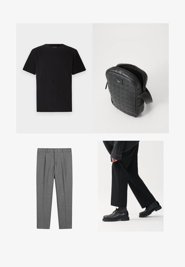 Svart polotröja med åtsittande krage, långa ärmar, samt ribbade mudd- och nederkanter. Tillverkad av mjukt, töjbart material med en slät yta.; Svart t-shirt med korta ärmar tillverkad av mjuk bomull, med rund halsringning och en rak skärning utan synliga mönster eller accenter.; Grå skräddarsydda byxor med en texturerad väv, som har flat front, veckade ben, bältesöglor och en standard midja.; Svarta läderskor med rund tå, snörningsdesign och tjock, strukturerad sula. Bärs med skräddarsydda svarta byxor och en ribbad tröja.; Svart, texturerad läderväska med ett geometriskt mönster, rektangulär form, dragkedja upptill och ett kort bärhandtag. Har en logotypapplikation på framsidan.