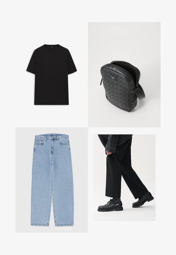 Czarny sweter z golfem, o dopasowanym kołnierzu, długich rękawach oraz ściągaczach przy mankietach i dolnym brzegu. Wykonany z miękkiej, elastycznej tkaniny o gładkiej fakturze.; Czarna bawełniana koszulka z krótkim rękawem, okrągłym dekoltem i gładką teksturą. Brak widocznych wzorów lub detali metalowych.; Jasnoniebieskie dżinsy o prostym kroju nogawki, z średnim stanem, pięcioma kieszeniami oraz zapięciem na guzik i zamek błyskawiczny.; Czarne skórzane buty z okrągłym noskiem, sznurowanym zapięciem i grubą, fakturowaną podeszwą. Noszone z dopasowanymi czarnymi spodniami i swetrem z prążkowanej tkaniny.; Czarna, teksturowana skórzana torba o geometrycznym wzorze, prostokątnym kształcie, z górnym zamkiem błyskawicznym i krótkim uchwytem. Posiada naszywkę z logo z przodu.; Zegarek na rękę Timex z srebrną tarczą, czarnymi znacznikami godzin i stalową kopertą. Posiada teksturowany czarny skórzany pasek. Prosty, elegancki design.