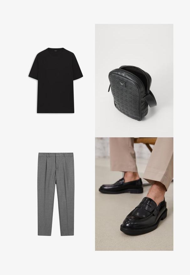 Černý rolák s přiléhavým límcem, dlouhými rukávy a žebrovanými manžetami a lemem. Vyrobeno z měkké, elastické látky s hladkou texturou.; Černé bavlněné tričko s krátkým rukávem, kulatým výstřihem a hladkou texturou. Žádné viditelné vzory ani kovové detaily.; Šedé upravené kalhoty s texturovanou strukturou, s plochým předním dílem, nažehlenými nohavicemi, s poutky na opasek a standardním pasem.; Černé kožené loafers s hladkým povrchem, zdobené páskem a kontrastním prošíváním, spárované s béžovými kalhotami.; Černá, texturovaná kožená taška s geometrickým vzorem, obdélníkového tvaru, s horním zipem a krátkým uchem. Na přední straně se nachází logo.; Hodinky Timex s stříbrným ciferníkem, černými hodinovými značkami a ocelovým pouzdrem. Disponují strukturálním černým koženým náramkem. Jednoduchý, elegantní design.