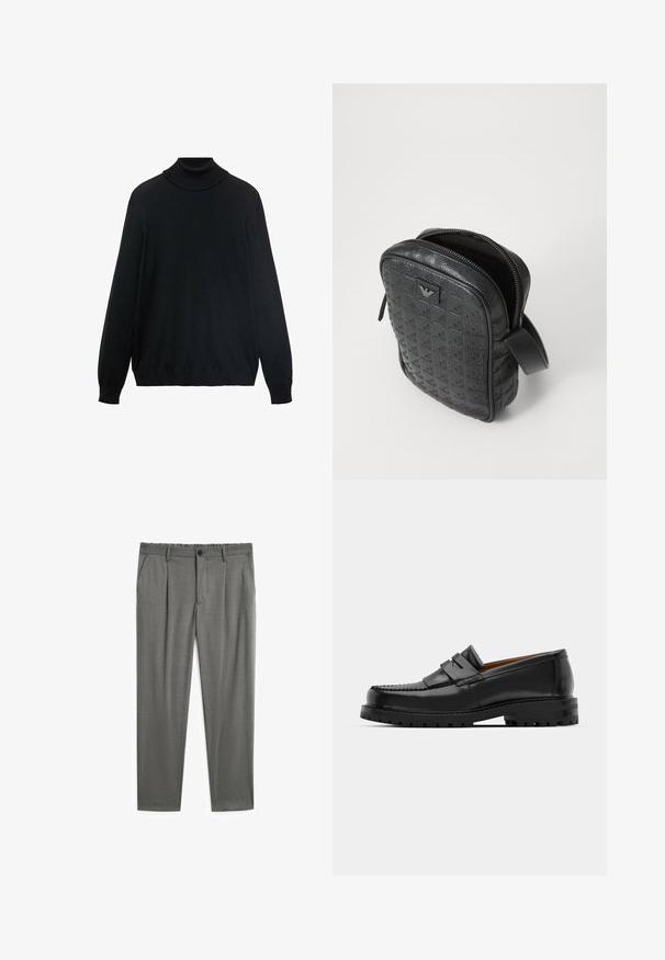 Schwarzer Rollkragenpullover mit engem Kragen, langen Ärmeln und gerippten Bündchen und Saum. Hergestellt aus weichem, dehnbarem Stoff mit glatter Textur.; Grau gestreifte Hosen mit glatter Textur, ausgestattet mit einem Knopfverschluss, elastischem Bund und zwei Seitentaschen. Maßgeschneiderte Passform mit Falten.; Schwarze Lederloafer verfügen über eine erhöhte Naht, zwei dekorative Riemen im oberen Bereich und eine dicke, strukturierte Sohle für zusätzlichen Halt.; Schwarz, strukturiert, Lederhandtasche mit geometrischem Muster, rechteckiger Form, oberem Reißverschluss und kurzem Tragegriff. Verfügt über ein Logo-Patch auf der Vorderseite.
