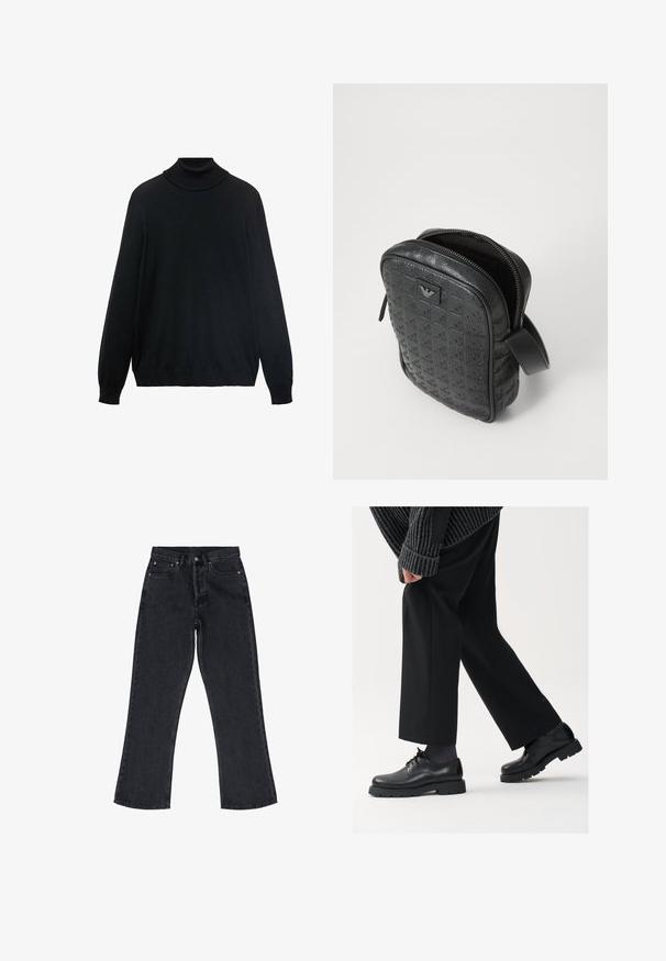 Black turtleneck sweater with a fitted collar, long sleeves, and ribbed cuffs and hem. Made from soft, stretchy fabric with a smooth texture.; Black denim jeans with a high waist, wide leg cut, five pocket design, and copper-tone hardware. Features subtle stitching details.; Black leather shoes with a rounded toe, lace-up design, and thick, textured sole. Worn with tailored black trousers and a ribbed sweater.; Black, textured leather bag with a geometric pattern, rectangular shape, top zipper, and a short handle. Features a logo patch on the front.; Timex wristwatch with a silver dial, black hour markers, and steel case. It features a textured black leather strap. Simple, elegant design.