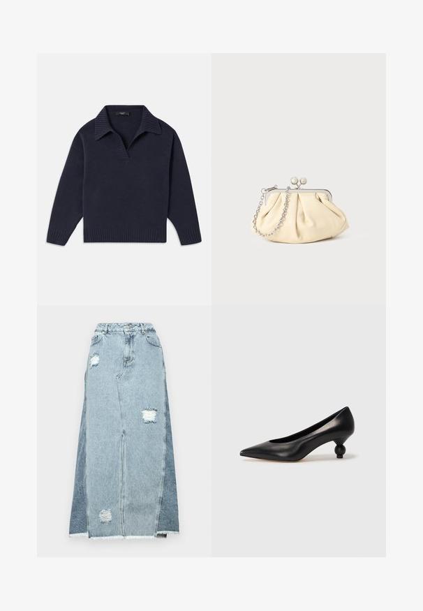 Tengerészkék kötött pulóver, bordás nyakkal, félig gombolt kivágással és bordás passzéval. Hosszú ujjak és laza szabás jellemzi. Puha textúra.; Farmernadrág szoknya, amely világos és sötétkék szövetek keverékéből készült, kopott foltokkal, magas Derékkal és rojtos szegéllyel.; Fekete bőr magassarkú cipő, hegyes orral és kerek, gömbölyű sarokkal. Simább textúrával, elegáns, minimalista dizájnnal.; Pleátolt bézs bőr válltáska ezüst fém kerettel, két kerek díszcsattal és ezüst lánc pánttal.