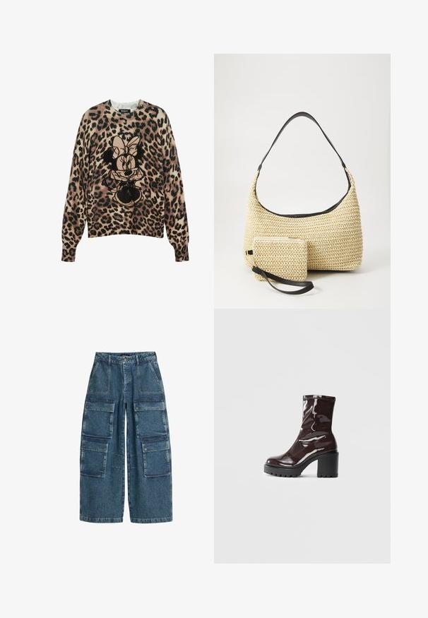 Leopárdmintás pulóver, középen egy domináns fekete és bézs grafikával egy karakterről. Kötött anyag, kerek nyakkivágás, hosszú ujjú.; Sötétkék farmer cargo nadrág, széles lábak, több elülső zseb fedővel és befejezett szegélyek.; Fényes bordó bokacsizma vastag fekete sarokkal, sima felülettel és egyszerű dizájnnal. Nincsenek látható zárak vagy minták.; Fonott szalmakézi táska ívelt sziluettel, sima fekete bőrszíjjal és egy hozzá illő, csuklószíjjal rögzített kis tasakkal.