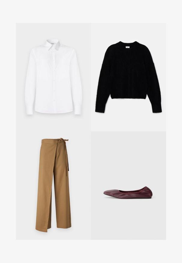 Melnas īsās džemperis, izgatavots no pūkaina materiāla. Ir apaļa kakla izgriezums un garas piedurknes ar maigu tekstūru. Minimāls dizains, bez rakstiem.; Balta garām piedurknēm krekls, kas izgatavots no gludas auduma, ar apkakles dizainu un pogu aizdari ar gaiši rozā pogām.; Gaiši brūnas platās bikses, izgatavotas no teksturēta auduma. Tām ir kaklasaite viduklī un sānu šķelumi, lai pievienotu papildu detaļas.; Sieviešu baleta kurpes dziļā burgundijas ādas krāsā, ar noapaļotu purngali, elastīgu maliņu un gludu tekstūru ar smalkiem krokām.