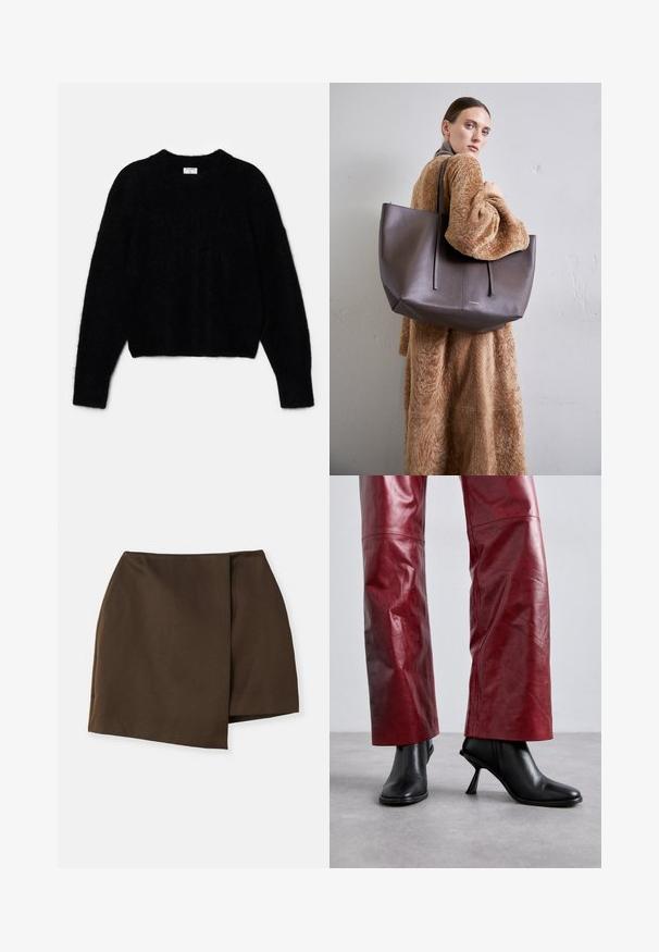 Must beebi, mis on tehtud karvase materjali jaoks. Omab ümarat kaelust ja pikki varrukaid, millel on pehme tekstuur. Minimalistlik disain, ilma mustriteta.; By Malene Birger RAYE - A-lõikeline seelik - dark mahogany; Mustad kontsaga mustad ankle saapad, millel on terav nina ja nurgeline disain, koos kõrge vöökohtadega punaste nahkpükstega, millel on peen muster.; Suur, tekstureeritud tumepruun kott kahe pika käepidemega. Kotil on minimalistlik disain ja pealne õmblus lisadetailiks.