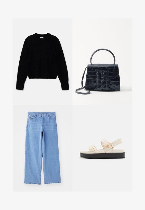 Must beebi, mis on tehtud karvase materjali jaoks. Omab ümarat kaelust ja pikki varrukaid, millel on pehme tekstuur. Minimalistlik disain, ilma mustriteta.; Heledad sinine laiad teksapüksid, valmistatud denimist, klassikalise viie tasku kujundusega ja nupplukuga. Sile tekstuur, hõrenenud serv.; Bežid reguleeritavad sandaalid sileda tekstuuriga, millel on kaks rihma ja must platvormi tall. Iga rihma peal on kuldne logodetail.; Must musta krokodillimustriga nahast käekott, millel on struktureeritud disain, ülemine käepide, reguleeritav rihm ja silmapaistev esiküljel logo detail.