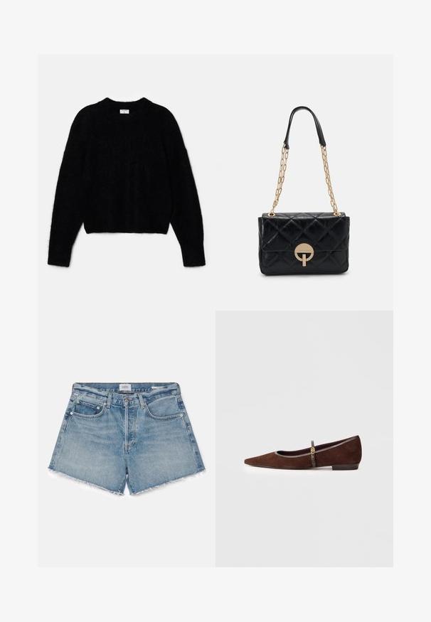 Melnas īsās džemperis, izgatavots no pūkaina materiāla. Ir apaļa kakla izgriezums un garas piedurknes ar maigu tekstūru. Minimāls dizains, bez rakstiem.; Citizens of Humanity ANNABELLE - Džinsa auduma šorti - gemini/light indigo; Brūni zamša plakanie apavi ar smailo purngalu, ar plānu siksniņu un zelta detaļu. Apaviem ir zems papēdis un pelēks apmale.; Melnā kvadrātveida ādas rokassomiņa ar zelta ķēdes plecu siksnu, kurai ir apaļais aizdare. Kompakta taisnstūra forma ar gludu tekstūru.