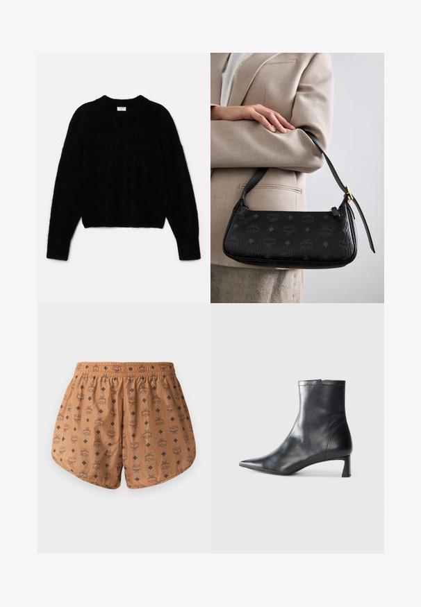 Maglione cropped nero realizzato in materiale soffice. Presenta un colletto rotondo e maniche lunghe con una consistenza morbida. Design minimale, senza fantasie.; Pantaloni corti marroni con un motivo a logo su tutta la superficie, realizzati in tessuto leggero e testurizzato, dotati di vita elastica e dettagli in diamante blu scuro.; Stivaletto in pelle nera con punta affusolata e design elegante. Presenta un tacco basso e una chiusura con zip sul retro. Texture liscia.; Borsa a mano in pelle nera con motivo a logo MCM in rilievo, forma rettangolare, manico sottile e dettagli in metallo dorato.