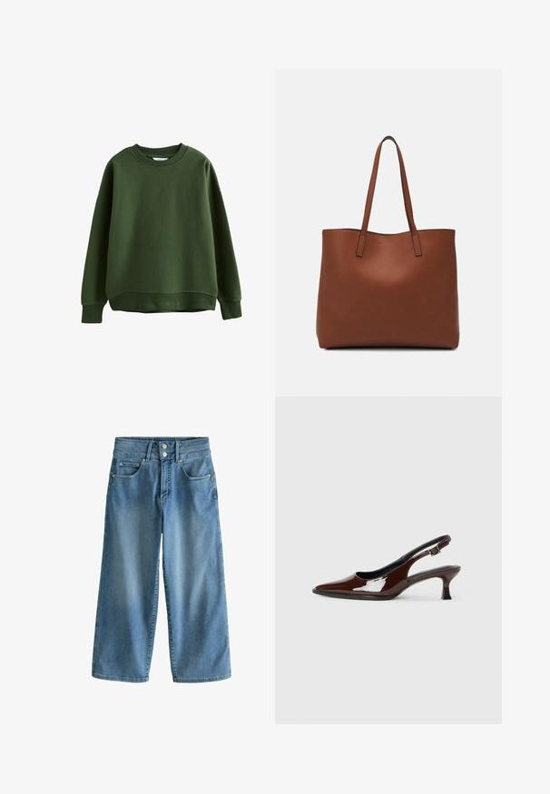 Felpa verde realizzata in tessuto morbido, con scollatura a girocollo, spalle scese e polsini e orlo a coste per una vestibilità rilassata.; Jeans in denim azzurro chiaro a gamba larga con design a vita alta. Presentano due tasche frontali, due tasche posteriori e chiusura con doppi bottoni.; Scarpa slingback in pelle verniciata marrone con punta affusolata e tacco moderato. Presenta una fascia con fibbia per una calzata sicura. Tessuto liscio.; Borsa tote in pelle marrone con texture liscia, design con apertura superiore e due spallacci. Presenta cuciture minime e nessun hardware visibile.