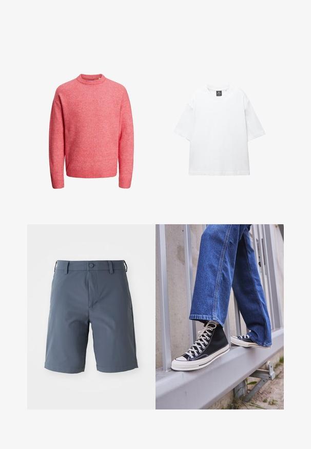 Weicher rosa Rundhalsausschnitt-Pullover mit langen Ärmeln sowie gerippten Bündchen und Saum, auf weißem Hintergrund präsentiert.; Weißes T-Shirt mit kurzen Ärmeln aus Baumwolle, das über einen Rundhalsausschnitt und einen lockeren Schnitt mit geradem Saum verfügt. Keine Muster oder Verzierungen.; Graue, knielange Shorts aus leichtem Material; mit Knopfverschluss, Gürtelschlaufen und Seitentaschen mit glatter Oberfläche.; Schwarze High-Top-Sneaker mit weißer Sohle und Schnürsenkeln, kombiniert mit lockeren blauen Jeans, die auf einem grauen Geländer ruhen.