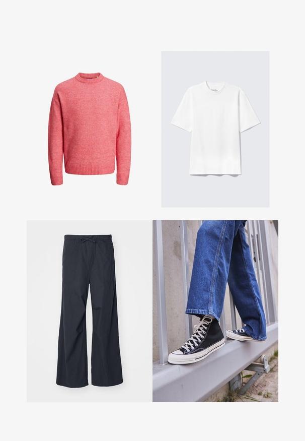 Weicher rosa Rundhalsausschnitt-Pullover mit langen Ärmeln sowie gerippten Bündchen und Saum, auf weißem Hintergrund präsentiert.; Ein schlichter, weißer, kurzärmeliger T-Shirt im lässigen Schnitt liegt flach auf einem hellgrauen Hintergrund.; Weite Hosen aus schwarzem Stoff mit elastischem Bund und Kordelzug sowie zwei Seitentaschen. Glatte Textur und lässiges Design.; Schwarze High-Top-Sneaker mit weißer Sohle und Schnürsenkeln, kombiniert mit lockeren blauen Jeans, die auf einem grauen Geländer ruhen.