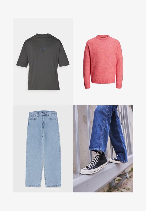 Miękki różowy sweter z okrągłym dekoltem, z długim rękawem oraz ściągaczami przy rękawach i na dole, prezentowany na białym tle.; Szara koszulka z krótkim rękawem wykonana z bawełny, z subtelnym niebieskim logo byka haftowanym na piersi oraz okrągłym dekoltem.; Jasnoniebieskie dżinsy o prostym kroju nogawki, z średnim stanem, pięcioma kieszeniami oraz zapięciem na guzik i zamek błyskawiczny.; Czarne sneakersy za kostkę z białą podeszwą i sznurówkami, w połączeniu z luźnymi niebieskimi dżinsami, opierające się na szarym balustradzie.