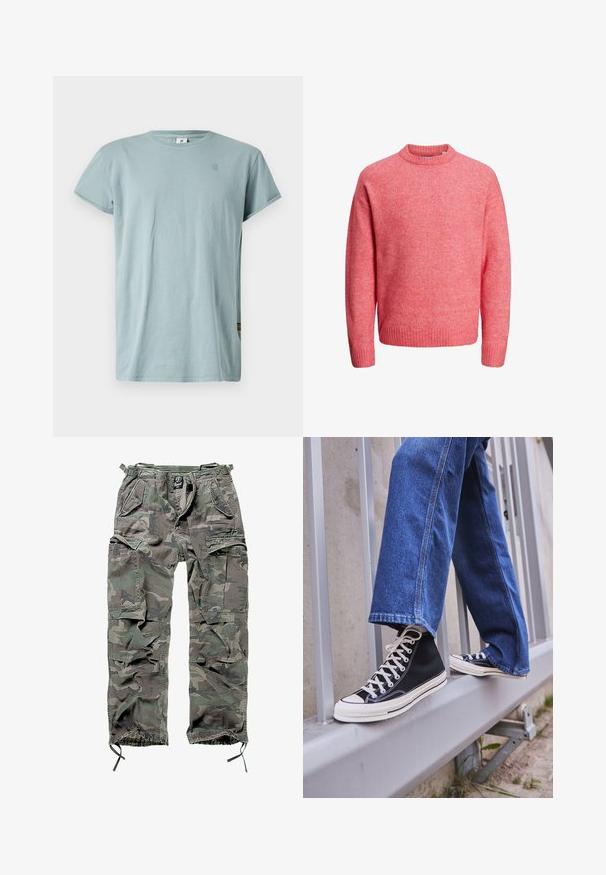 Mīksts rozā džemperis ar apaļu kakla izgriezumu, garām piedurknēm un ribotām piedurknēm un apakšmalu, attēlots uz balta fona.; Gaiši zils īsām piedurknēm T-krekls, izgatavots no kokvilnas. Ar apaļu kakla izgriezumu un mazu logotipu uz krūšu. Gluda tekstūra, ikdienas piegriezums.; Kamikaze krūšu bikses zaļā un pelēkā krāsā, ar vairākiem kabatām, elastīgu jostasvietu, regulējamiem potīšu galviņām un brīvu piegriezumu.; Melnas augstas kedas ar baltu zoli un auklām, apvienotas ar brīvām zilām džinsām, atpūšoties uz pelēka margotā balsta.