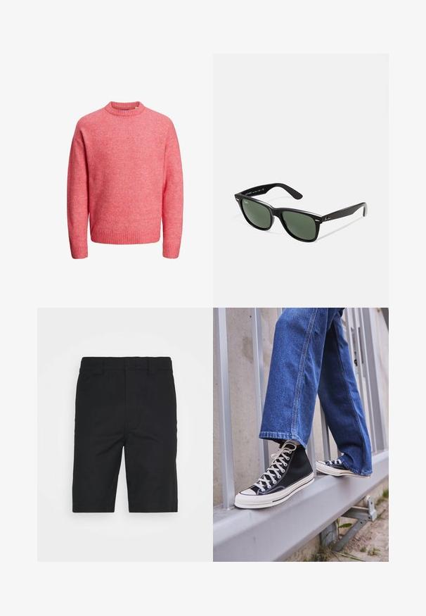 Mekana ružičasta dukserica s okruglim izrezom i dugim rukavima, s rebrastim manžetama i donjim rubom, prikazana na bijeloj pozadini.; Crne pamučne šortse s ravnim krojem, petljama za remen i čistim završetkom. Ima skrivene prednje džepove i glatku teksturu.; Crne visoke tenisice s bijelim potplatom i vezicama, u kombinaciji s širokim plavim trapericama, naslonjene na sivi ogradu.; Crne plastične sunčane naočale s zelenim staklima, kvadratni okviri, srebrni naglasak na obrvi i teksturirane ručke. Naziv brenda naveden na unutrašnjoj strani ručke.