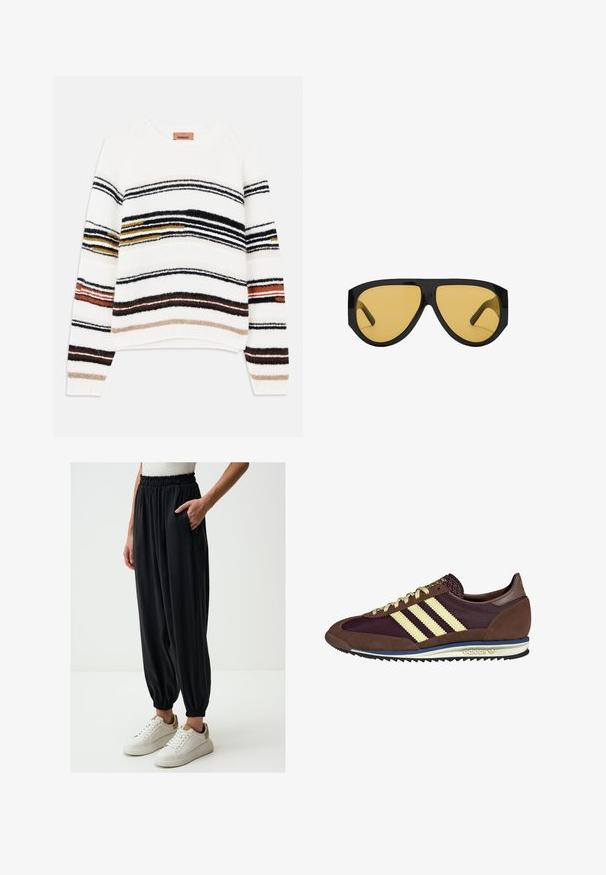 Maglione crema con righe orizzontali in nero, oro, arancione e marrone. Realizzato in un morbido filato testurizzato con scollo rotondo.; Pantaloni neri, morbidi e ampi, con una cintura elastica e tasche laterali, che si restringono alla caviglia, abbinati a sneakers bianche.; Sneaker marrone e bordeaux realizzato in materiali scamosciati e in rete, caratterizzato da tre strisce color crema, tessuto testurizzato sulla linguetta e suola in gomma.; Occhiali da sole con una struttura in plastica nera elegante e lenti gialle, caratterizzati da una forma angolare distintiva e grandi tempie per una maggiore copertura.; DRAGON DIFFUSION MINI FLAT GORA - Borsa a mano - dark brown