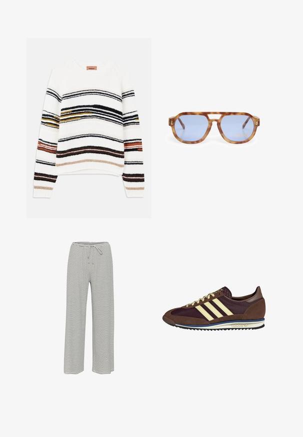 Cream sweater featuring horizontal stripes in black, gold, orange, and brown. Made from a soft, textured knit with a crew neckline.; Striped wide-leg pants in black and white. Made from soft fabric with an elastic waistband and drawstring for adjustable fit.; Brown and burgundy sneaker with suede and mesh materials, featuring three cream stripes, textured fabric on the tongue, and a rubber sole.; Tortoiseshell sunglasses with blue lenses, angular design, thick frame, and nose bridge cutout; features gold accent on the temple.; Denim scrunchie in blue tones featuring a plaid pattern. Soft texture with gathered edges and an elastic center for secure hold.