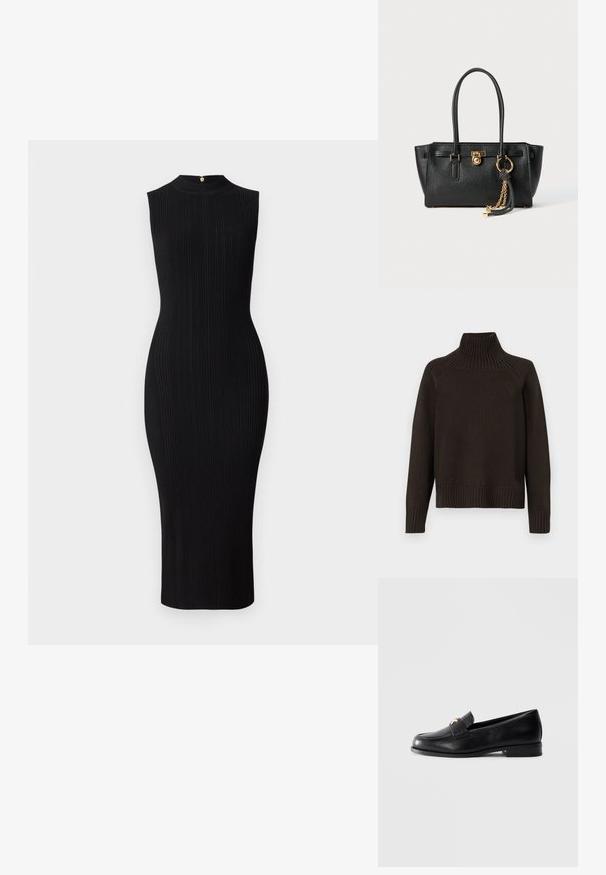 Black knitted turtleneck sweater featuring ribbed accents at the collar, cuffs, and hem; has a relaxed fit and textured surface.; Black ribbed knit dress, sleeveless, high neck, form-fitting silhouette, knee-length, featuring a gold zip closure at the back.; Black leather loafer with low heel and gold decorative emblem on the strap, displayed on a plain light gray background.; Black leather handbag with double handles, gold lock and chain detail, and black-and-white tassel accessory against white background.