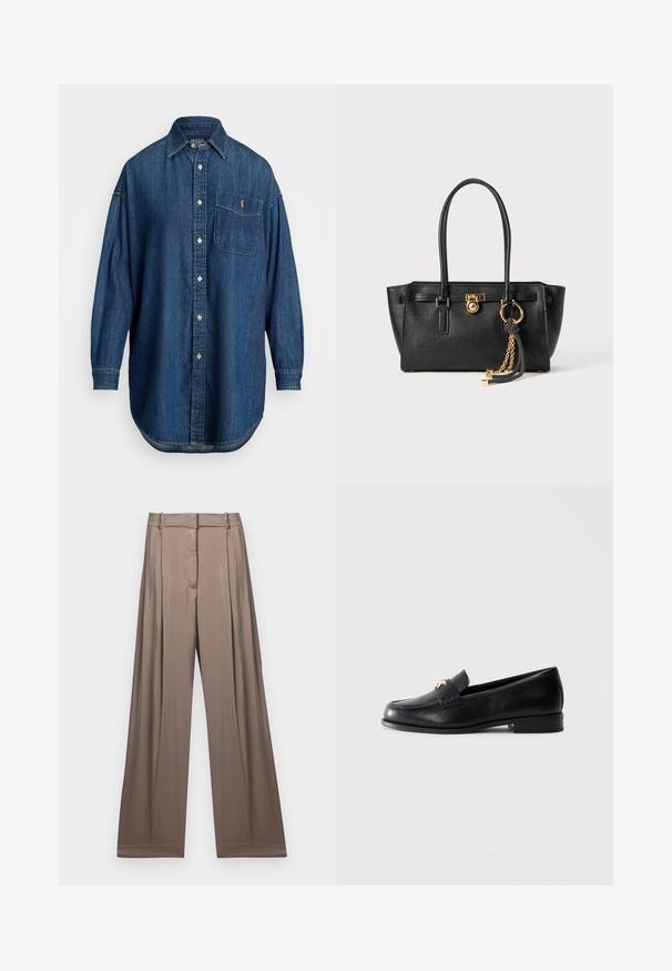 Fekete kötött garbó, bordás részletekkel a galléron, mandzsettákon és az alján; laza fazonú és texturált felületű.; Kék farmer gombos ing hosszú ujjakkal, elülső zsebbel és eltérő logóval. Klasszikus gallérral és kerekített aljjal rendelkezik.; Széles szárú nadrág, enyhén taupe színben, sima anyagból, selymes fényű kivitelben. Szabott derékkal és diszkrét redőkkel rendelkezik.; Fekete bőr loaferek alacsony sarkú kivitelben, arany díszítő emblémával a pánton, egy sima világosszürke háttéren bemutatva.; Fekete bőr kézitáska dupla fogantyúkkal, aranyzárral és lánc részletekkel, fekete-fehér bojt kiegészítővel, fehér háttéren.